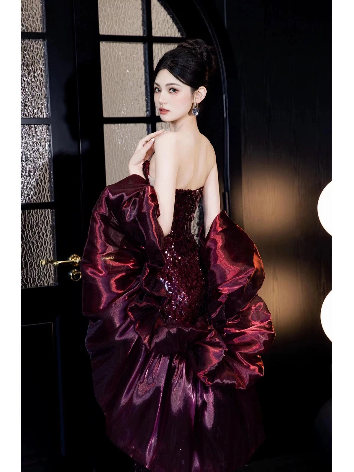 Sexy Mermaid Strapless Burgundy Sequin Sleeveless With Cape Long Prom Dresses For Women N4262