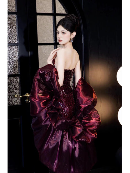 Sexy Mermaid Strapless Burgundy Sequin Sleeveless With Cape Long Prom Dresses For Women N4262