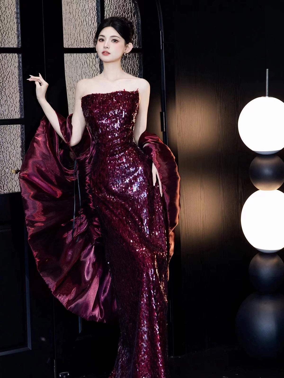 Sexy Mermaid Strapless Burgundy Sequin Sleeveless With Cape Long Prom Dresses For Women N4262