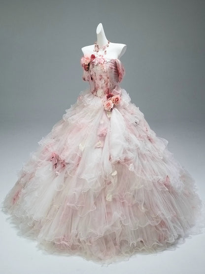 Pretty Ball Gown Off The Shoulder Pink With Flowers Long 15 Quinceanera Dresses Photo Ideas Formal Outfit RB5574
