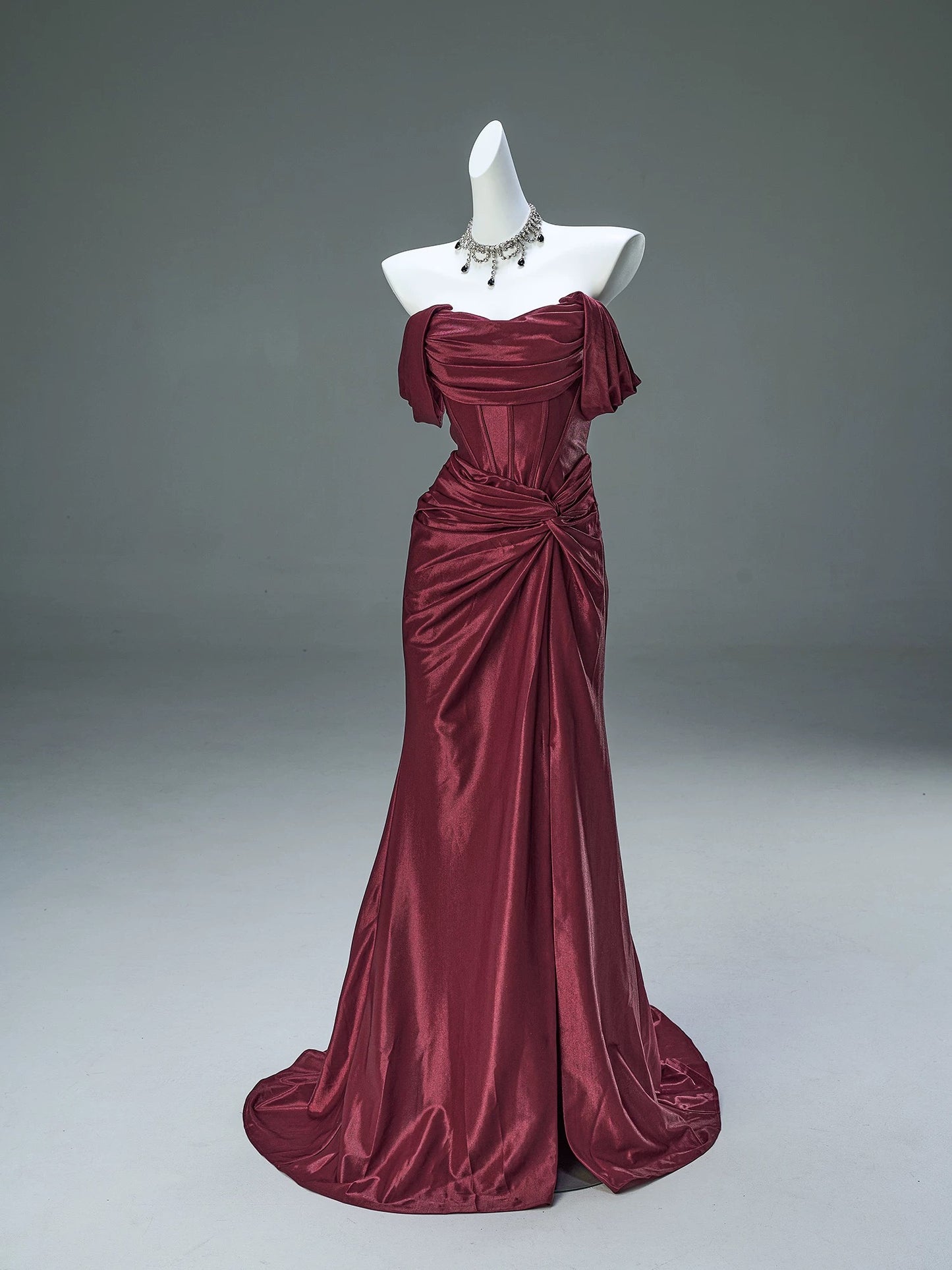 Elegant Mermaid Off The Shoulder Burgundy With Sleeves Date Night Outfits Formal Prom Gown Evening Dresses RB5575