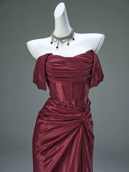 Elegant Mermaid Off The Shoulder Burgundy With Sleeves Date Night Outfits Formal Prom Gown Evening Dresses RB5575