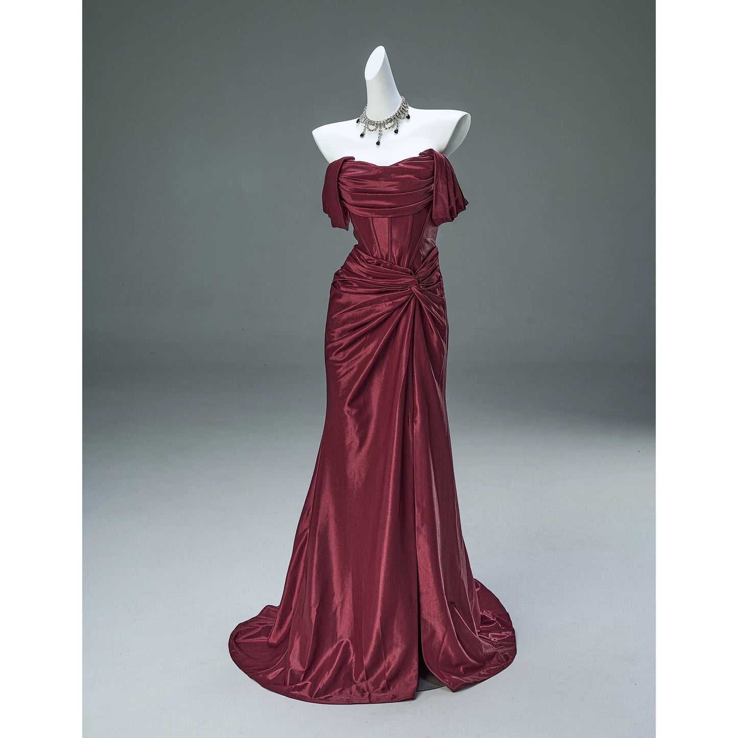 Elegant Mermaid Off The Shoulder Burgundy With Sleeves Date Night Outfits Formal Prom Gown Evening Dresses RB5575