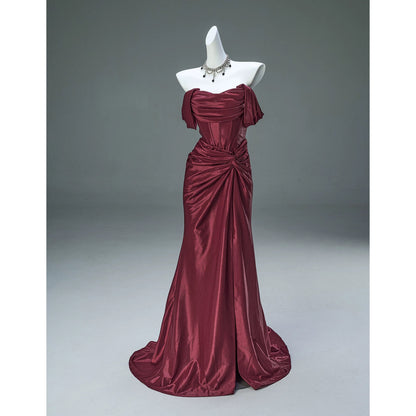 Elegant Mermaid Off The Shoulder Burgundy With Sleeves Date Night Outfits Formal Prom Gown Evening Dresses RB5575
