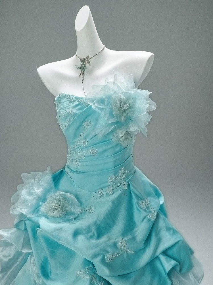 Pretty Ball Gown Strapless Blue With Flowers Long 15 Quinceanera Dresses Photo Ideas Formal Outfit RB5576