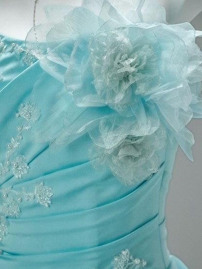 Pretty Ball Gown Strapless Blue With Flowers Long 15 Quinceanera Dresses Photo Ideas Formal Outfit RB5576