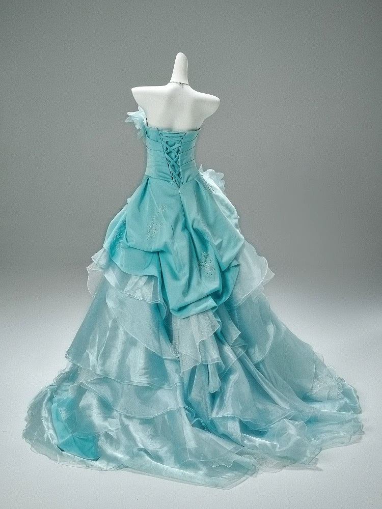 Pretty Ball Gown Strapless Blue With Flowers Long 15 Quinceanera Dresses Photo Ideas Formal Outfit RB5576