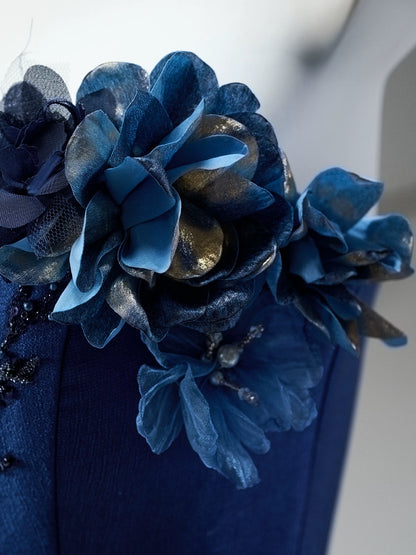 Pretty Ball Gown Strapless Navy Blue With Flowers Ruffled Long 15 Quinceanera Dresses Photo Ideas Formal Outfit RB5577