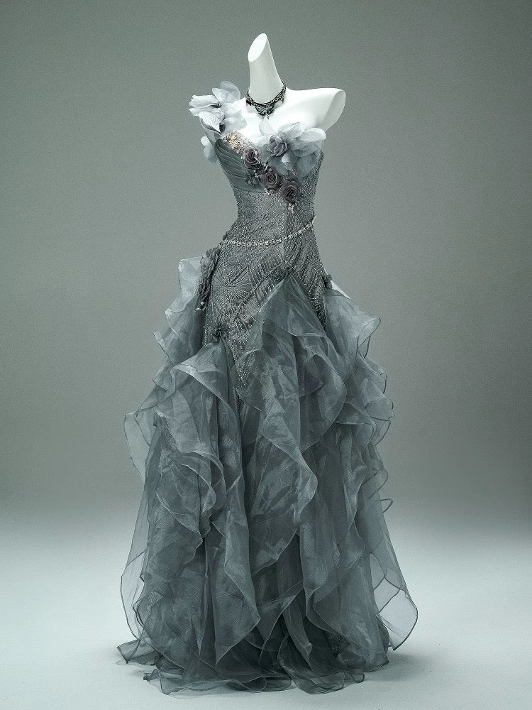 Classy Mermaid One Shoulder Gray With Flowers Date Night Outfits Semi Formal Prom Gown Evening Dresses RB5579