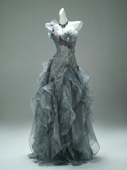 Classy Mermaid One Shoulder Gray With Flowers Date Night Outfits Semi Formal Prom Gown Evening Dresses RB5579