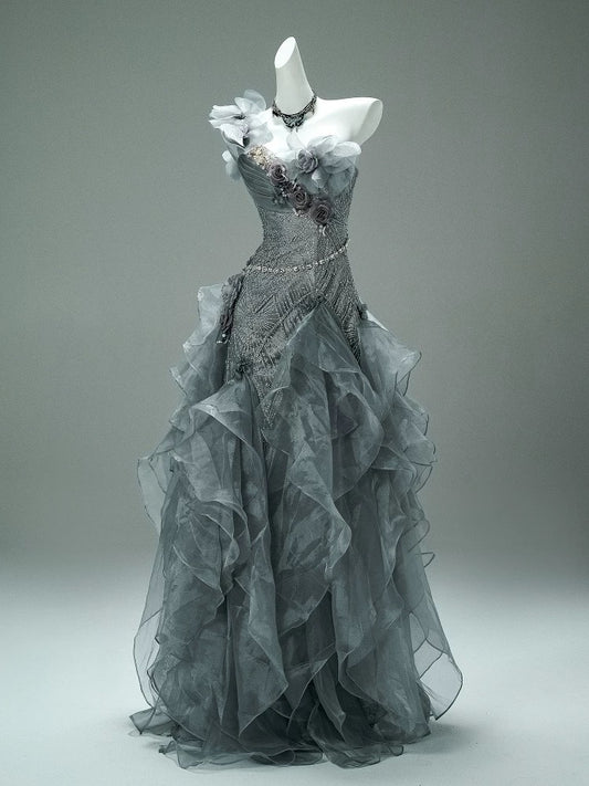 Classy Mermaid One Shoulder Gray With Flowers Date Night Outfits Semi Formal Prom Gown Evening Dresses RB5579