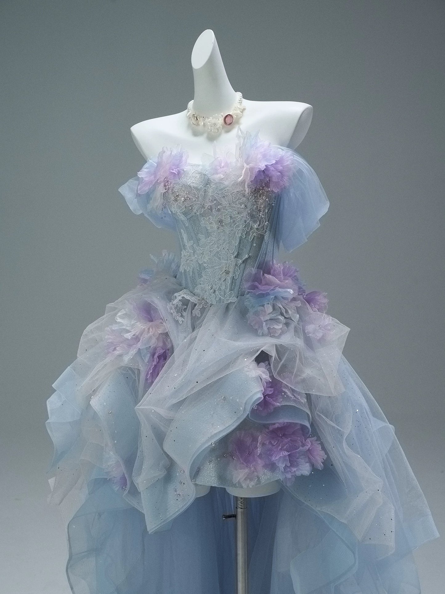Classy High Low Off The Shoulder Blue Lilac With Flowers Date Night Outfits Semi Formal Prom Gown Evening Dresses RB5581
