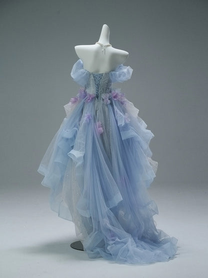 Classy High Low Off The Shoulder Blue Lilac With Flowers Date Night Outfits Semi Formal Prom Gown Evening Dresses RB5581