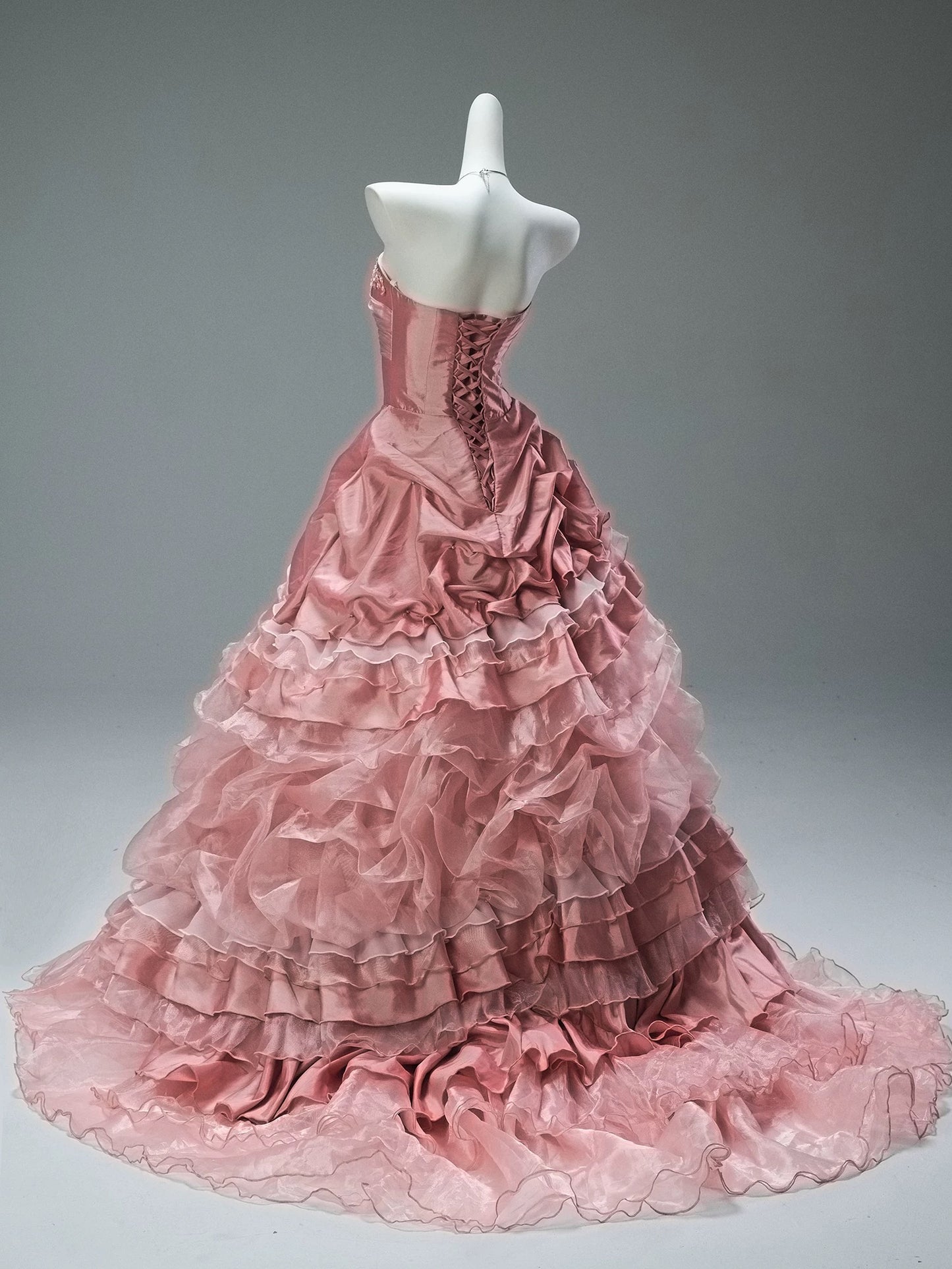 Pretty Ball Gown Strapless Pink Satin Sleeveless With Flowers Ruffled Long 15 Quinceanera Dresses Photo Ideas Formal Outfit RB5582