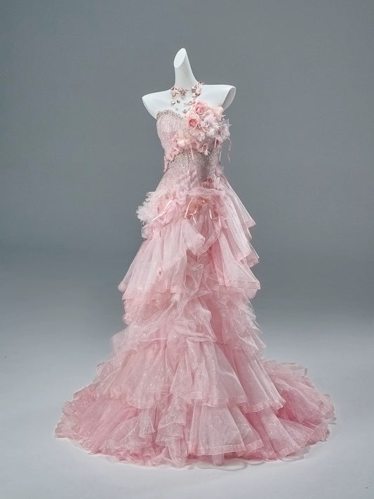 Classy Mermaid Sweetheart Pink With Flowers Date Night Outfits Semi Formal Prom Gown Evening Dresses RB5583
