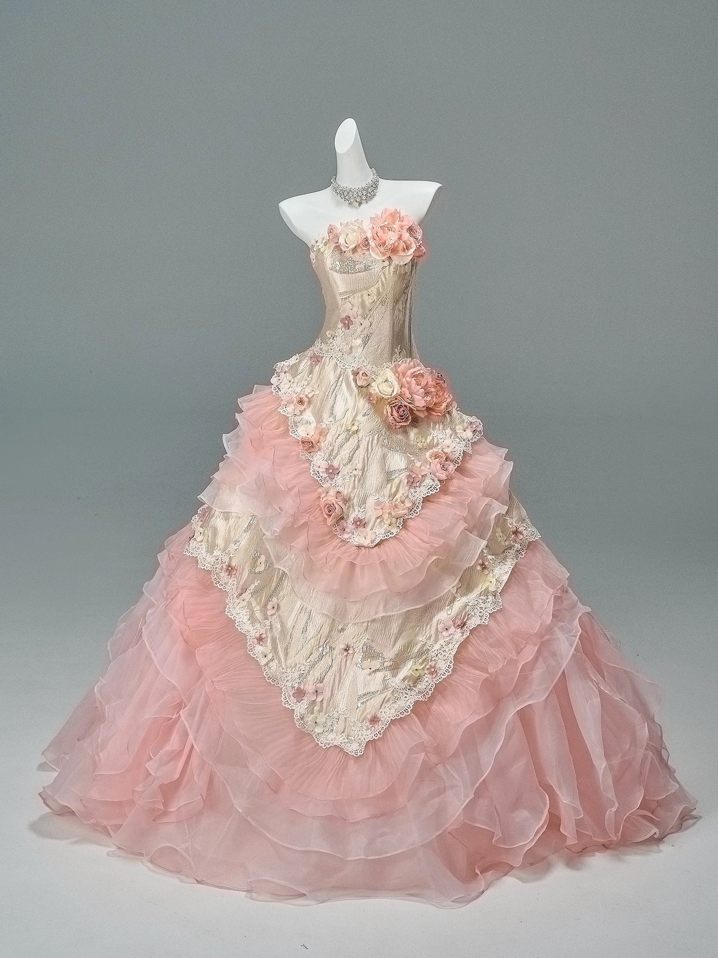 Pretty Ball Gown Strapless Pink Chiffon Sleeveless With Flowers Ruffled Long 15 Quinceanera Dresses Photo Ideas Formal Outfit RB5584