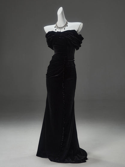 Classy Mermaid Off The Shoulder Black Velvet With Folded Date Night Outfits Semi Formal Prom Gown Evening Dresses RB5585