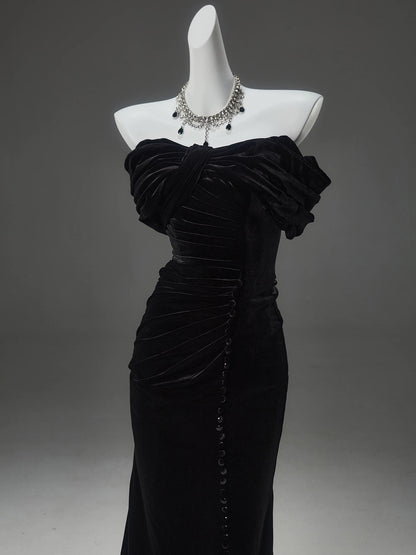 Classy Mermaid Off The Shoulder Black Velvet With Folded Date Night Outfits Semi Formal Prom Gown Evening Dresses RB5585