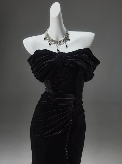Classy Mermaid Off The Shoulder Black Velvet With Folded Date Night Outfits Semi Formal Prom Gown Evening Dresses RB5585
