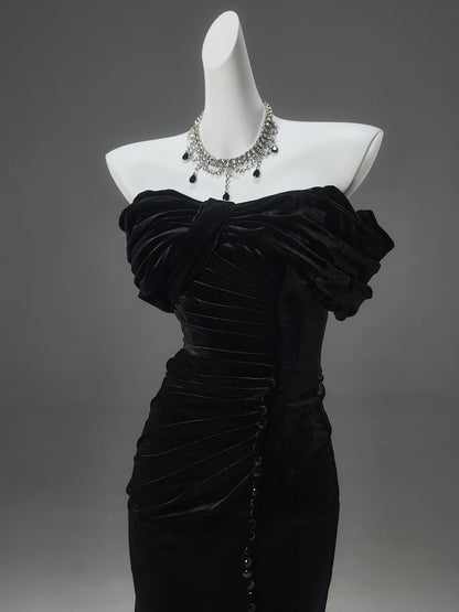 Classy Mermaid Off The Shoulder Black Velvet With Folded Date Night Outfits Semi Formal Prom Gown Evening Dresses RB5585