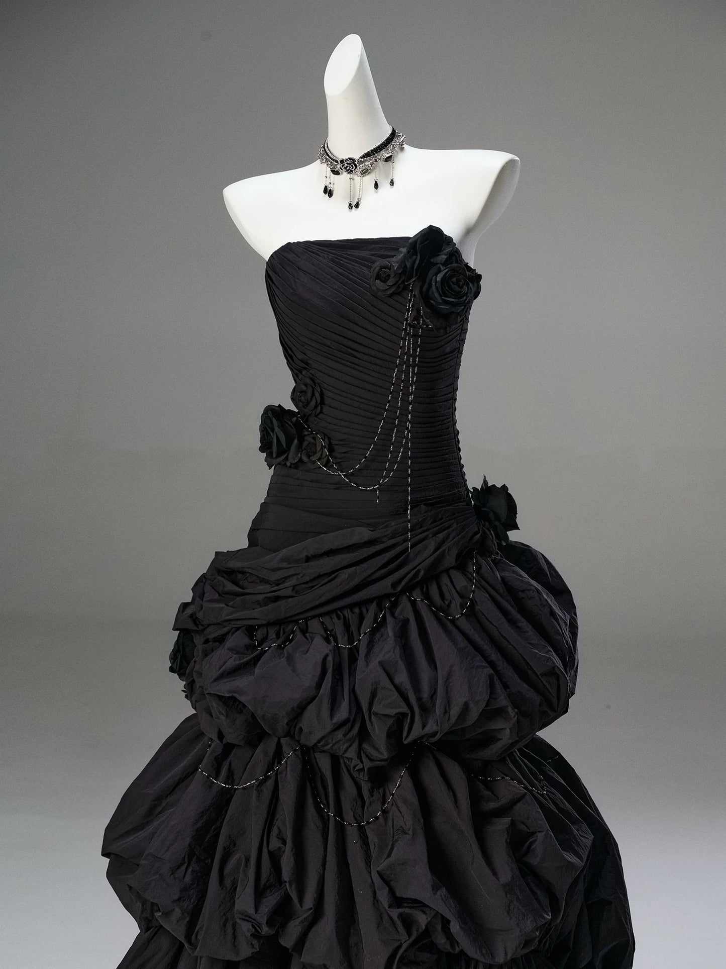 Classy Mermaid Strapless Black Taffeta With Folded Flowers Date Night Outfits Long Formal Prom Gown Evening Dresses RB5586