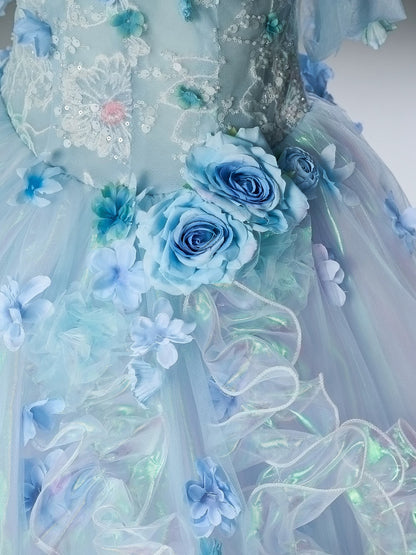 Pretty Ball Gown Off The Shoulder Light Sky Blue Organza With Flowers Ruffled Long 15 Quinceanera Dresses Photo Ideas Formal Outfit RB5587