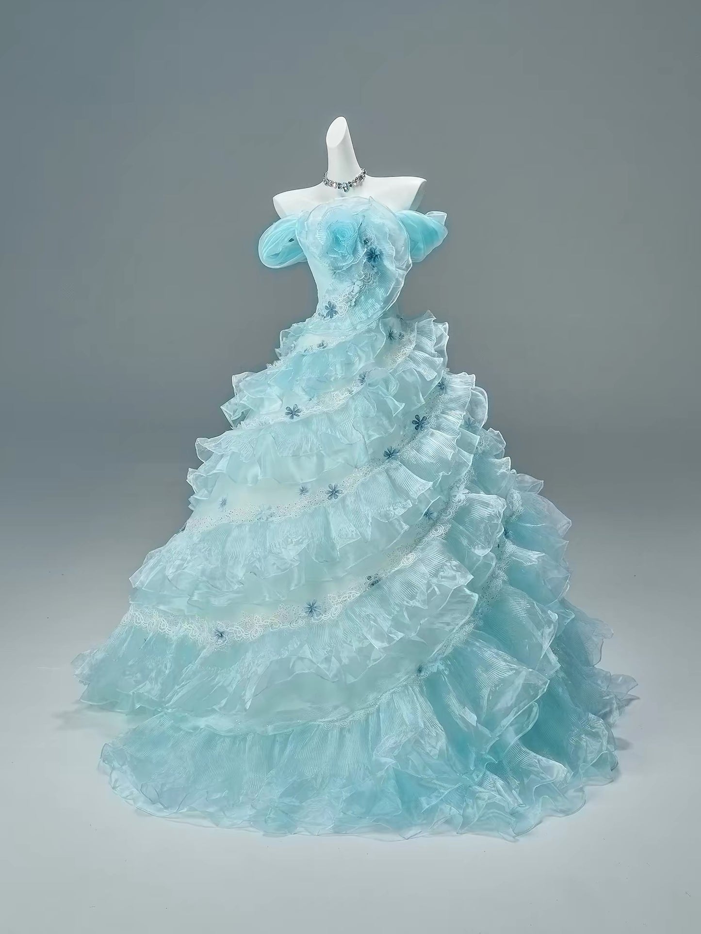 Pretty Ball Gown Off The Shoulder Tulle Tiffany Blue With Flowers Long 15 Quinceanera Dresses Photo Ideas Formal Outfit RB5591