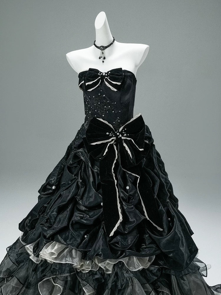 Pretty Ball Gown Strapless Black Tulle Organza With Ruffled Long 15 Quinceanera Dresses Photo Ideas Formal Outfit RB5592