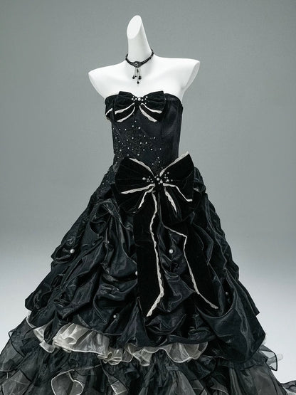 Pretty Ball Gown Strapless Black Tulle Organza With Ruffled Long 15 Quinceanera Dresses Photo Ideas Formal Outfit RB5592