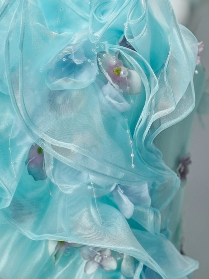 Modest Mermaid Strapless Blue With Ruffled Date Floor Length Night Birthday Outfit Formal Prom Dresses RB5503