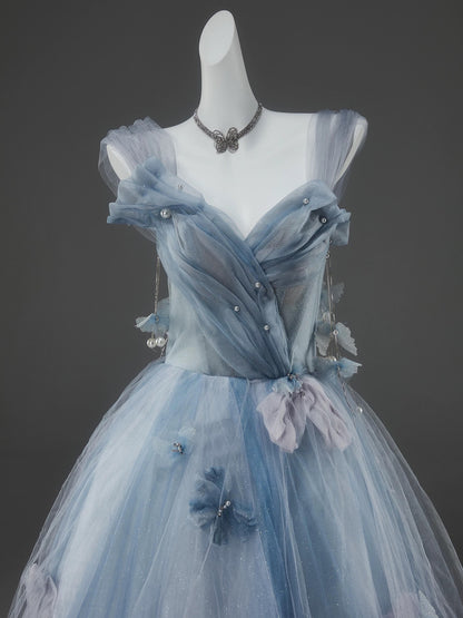 Princess Style Ball Gown Off The Shoulder Dusty Blue Tulle With Flowers Long 15 Quinceanera Dresses Photo Ideas Formal Outfit RB5504
