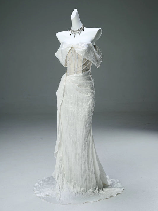 Modest Mermaid Off The Shoulder White With Ruffled Sleeves Date Night Birthday Outfit Formal Prom Dresses RB5506