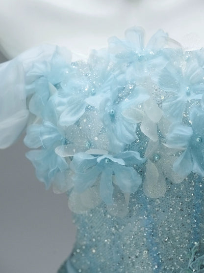 Cute Ball Gown Off The Shoulder Blue With Beading Flowers Long Quinceanera Dresses Sweet 15 Dress Formal Outfits RB5508