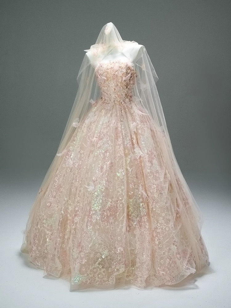 Cute Ball Gown Strapless Pink With Lace Flowers Long Quinceanera Dresses Sweet 15 Dress Formal Outfits RB5509