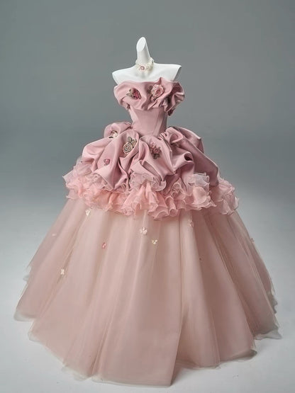 Beautiful Ball Gown Strapless Pink With Ruffled Layers Long Quinceanera Dresses Sweet 15 Dress Formal Outfits RB5513