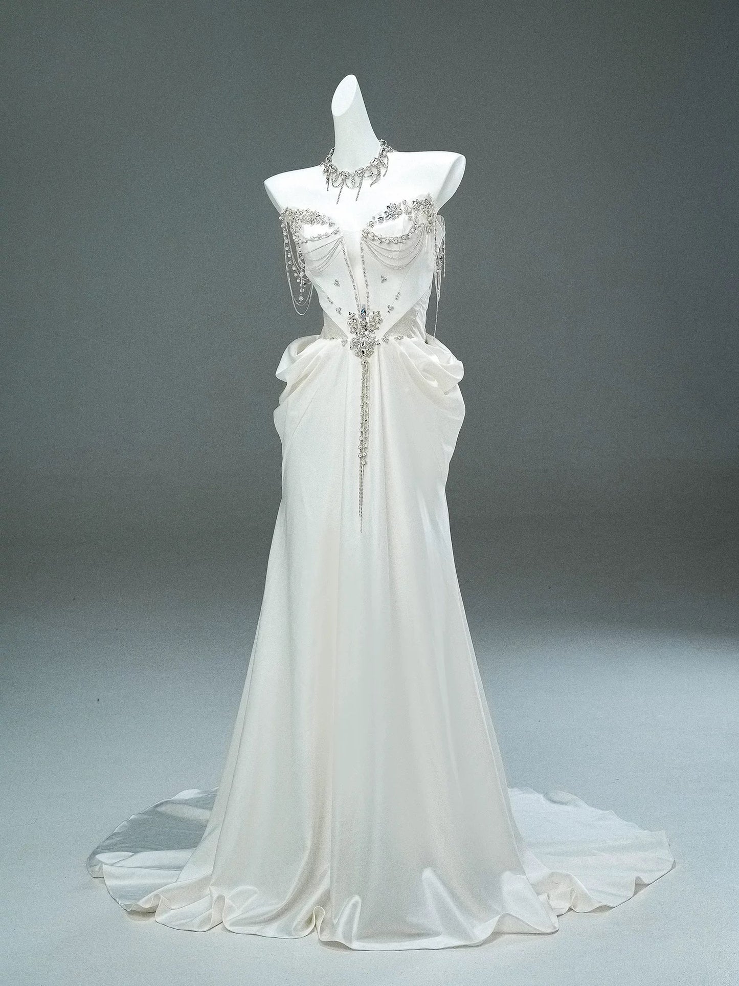 Modest Mermaid Sweetheart White With Train White Satin Brides Gown Bridal Dress Long Wedding Dresses RB5528