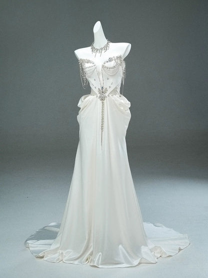Modest Mermaid Sweetheart White With Train White Satin Brides Gown Bridal Dress Long Wedding Dresses RB5528