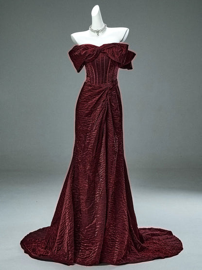 Elegant Mermaid Off The Shoulder Burgundy With Sleeves Date Night Outfits Semi Formal Prom Gown Evening Dresses RB5529