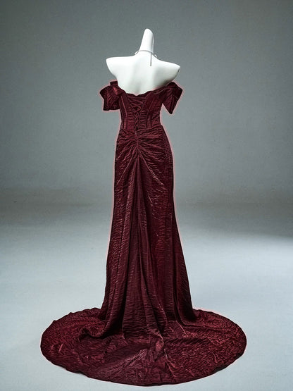 Elegant Mermaid Off The Shoulder Burgundy With Sleeves Date Night Outfits Semi Formal Prom Gown Evening Dresses RB5529