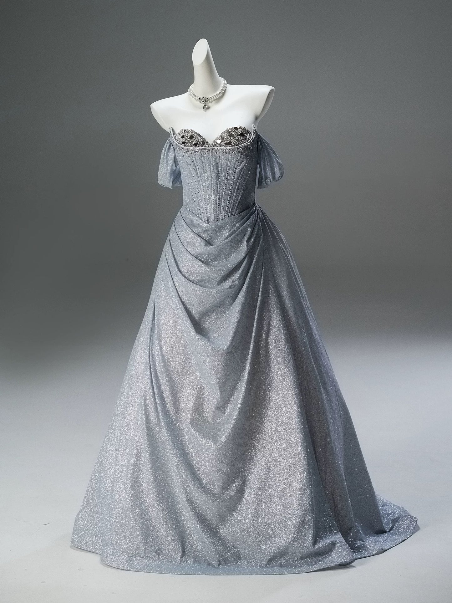 Elegant Ball Gown Off The Shoulder Silver With Sleeves Date Night Outfits Semi Formal Prom Gown Evening Dresses RB5530