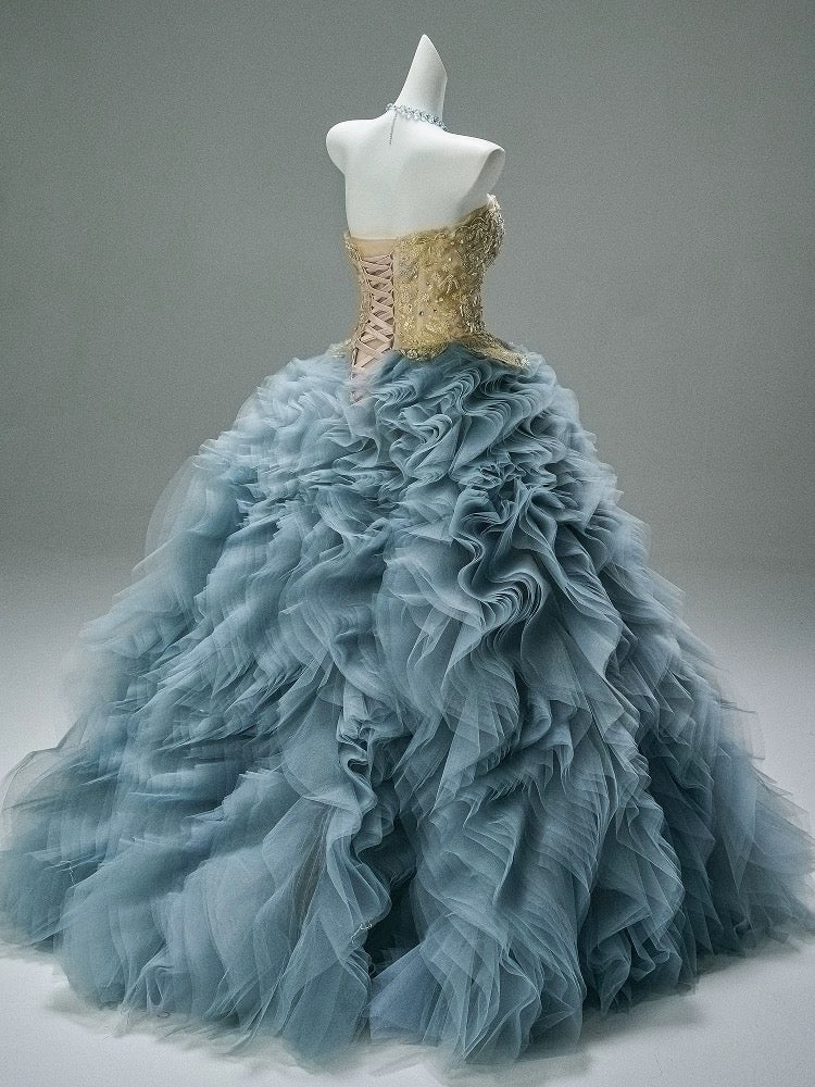 Princess Style Ball Gown Sweetheart Dusty Blue Tulle With Gold Lace Long 15 Quinceanera Dresses Photo Ideas Formal Outfit RB5517
