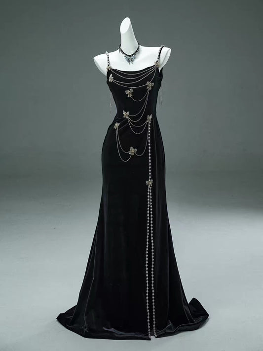 Elegant Mermaid Spaghetti Strap Black Velvet With Beaded Date Night Outfits Semi Formal Prom Gown Evening Dresses RB5531
