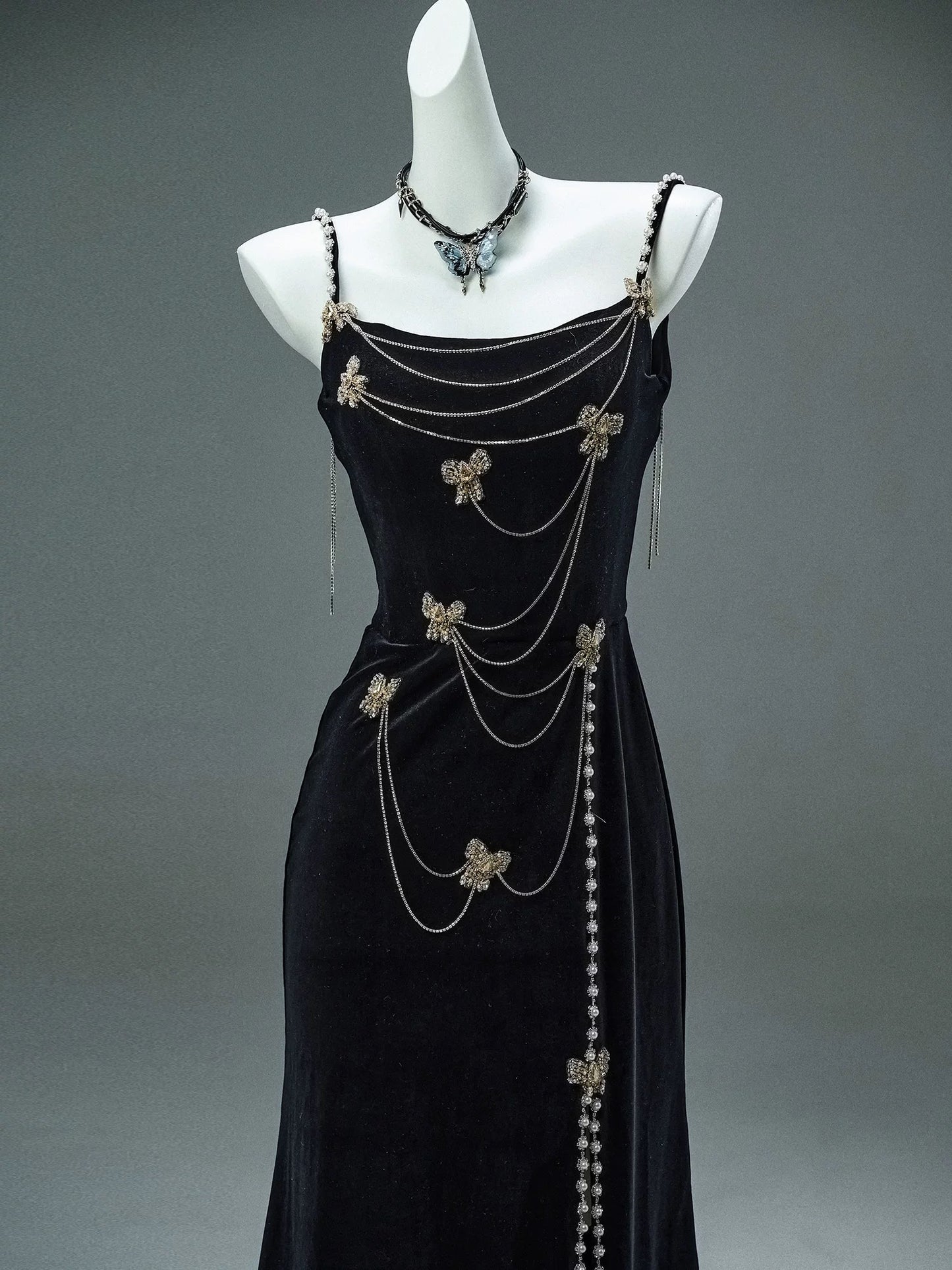 Elegant Mermaid Spaghetti Strap Black Velvet With Beaded Date Night Outfits Semi Formal Prom Gown Evening Dresses RB5531