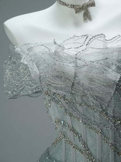 Sparkly Ball Gown Off The Shoulder Green With Beaded Date Night Outfits Semi Formal Prom Gown Evening Dresses RB5533