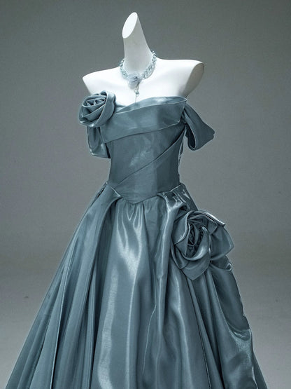 Princess Style Ball Gown Off The Shoulder Dusty Blue Satin Long 15 Quinceanera Dresses Photo Ideas Formal Outfit RB5521
