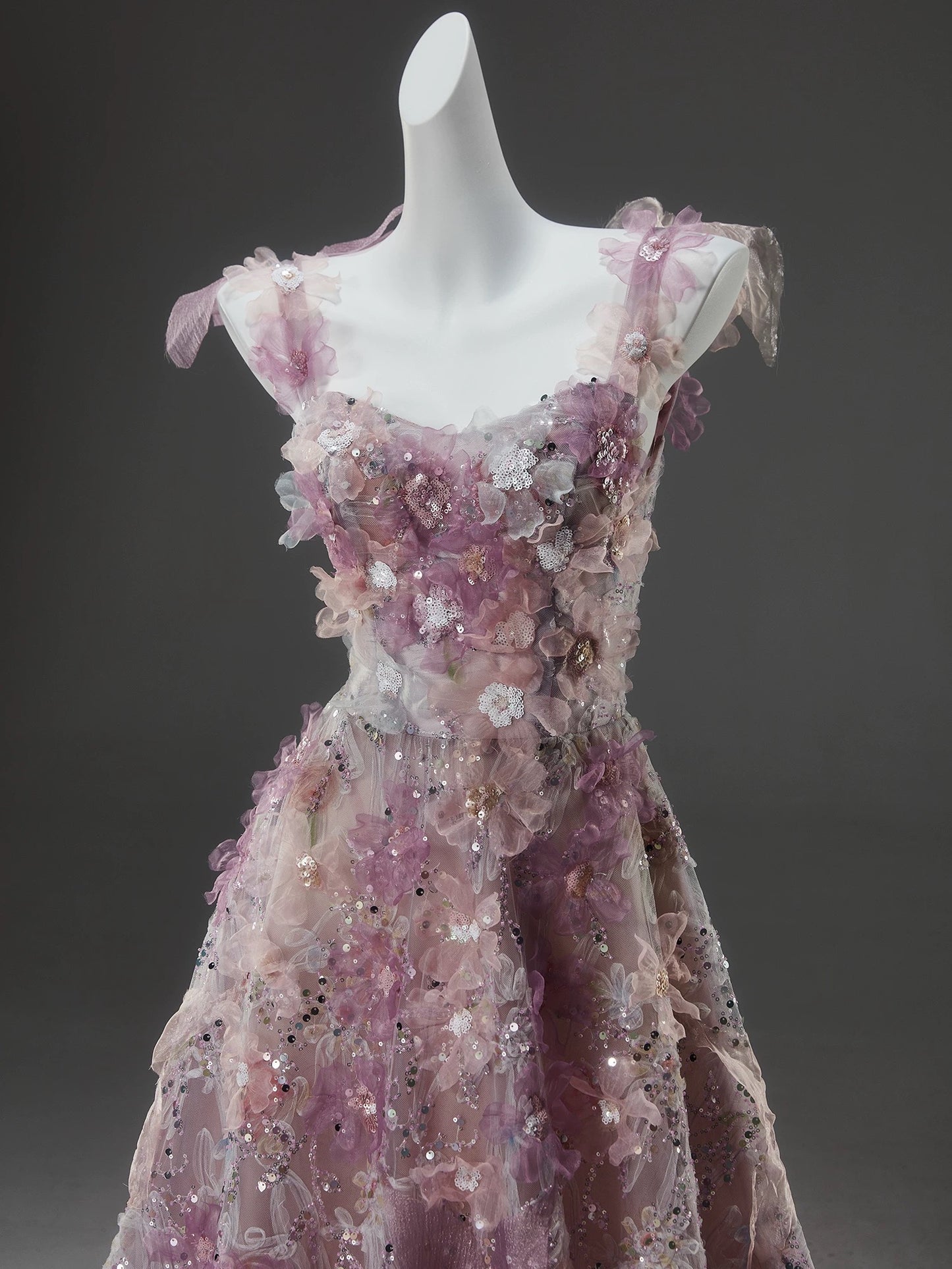 Sparkly Ball Gown Straps Pink Floral With Beaded Date Night Outfits Semi Formal Prom Gown Evening Dresses RB5534
