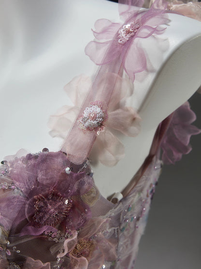 Sparkly Ball Gown Straps Pink Floral With Beaded Date Night Outfits Semi Formal Prom Gown Evening Dresses RB5534