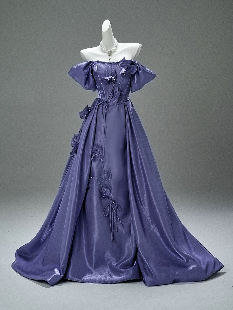 Elegant Ball Gown Off The Shoulder Purple Satin Date Night Outfits Semi Formal Prom Gown Evening Dresses RB5538