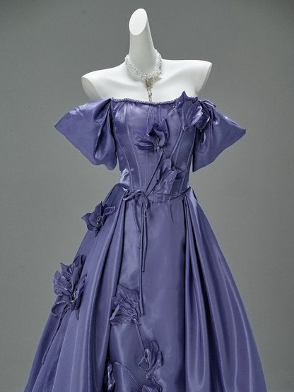 Elegant Ball Gown Off The Shoulder Purple Satin Date Night Outfits Semi Formal Prom Gown Evening Dresses RB5538