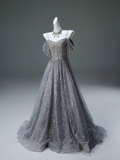 Sparkly Ball Gown Off The Shoulder Silver Gray Sequin Long 15 Quinceanera Dresses Photo Ideas Formal Outfit RB5526